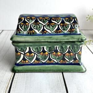 Mexico Talavera Pottery Lidded Trinket Box Signed Botanical Floral Greens Blues